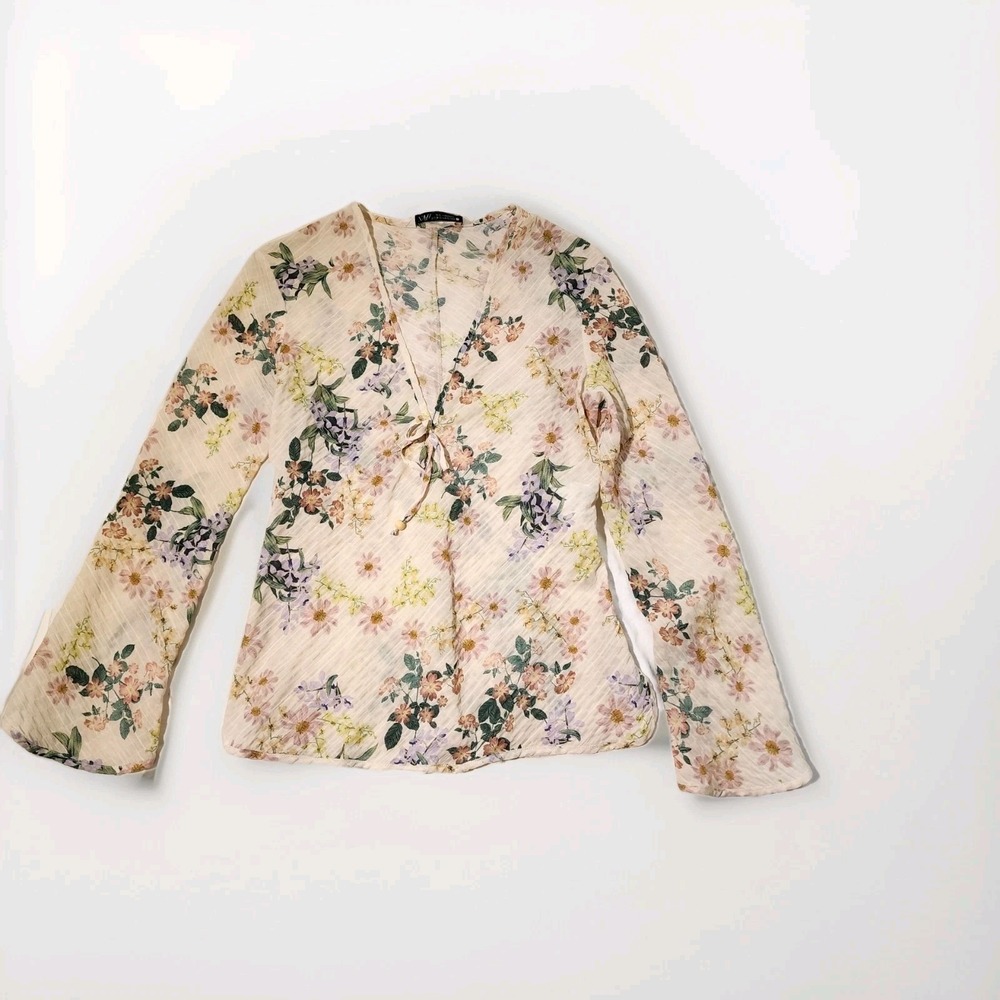 Zara Beige Floral Long Sleeve Blouse Top Size X Small